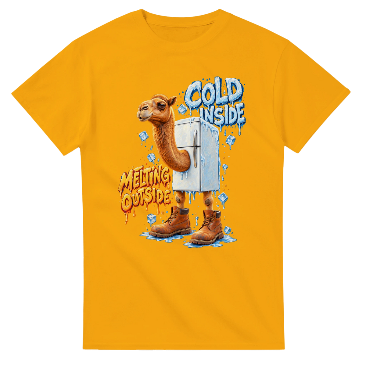 Gold t-shirt printed with Frigo Camelo and the words Cold inside, melting outside, front view