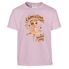 Ballerina Cappuccina print on a light pink kids t-shirt, front view