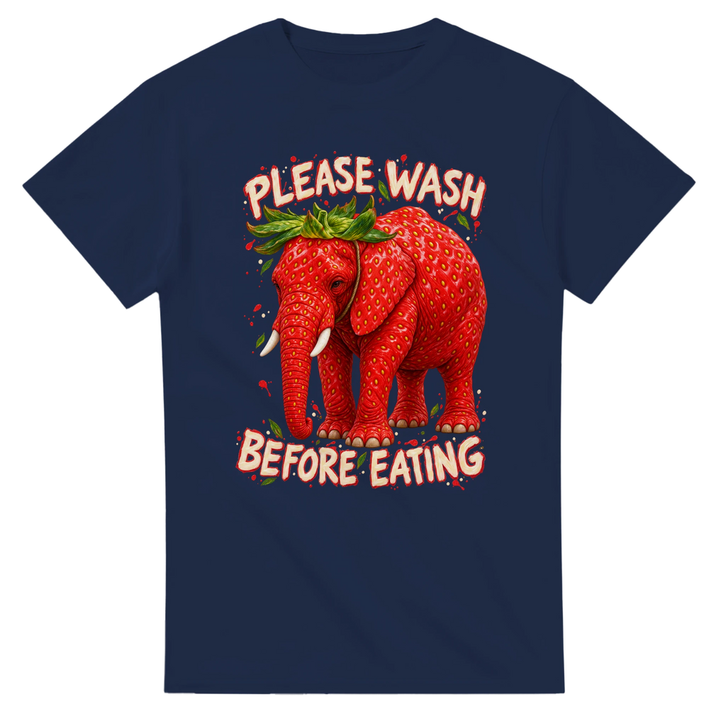 Navy t-shirt printed with Strawberry Elephant and the words Please wash before eating, front view