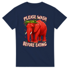 Navy t-shirt printed with Strawberry Elephant and the words Please wash before eating, front view