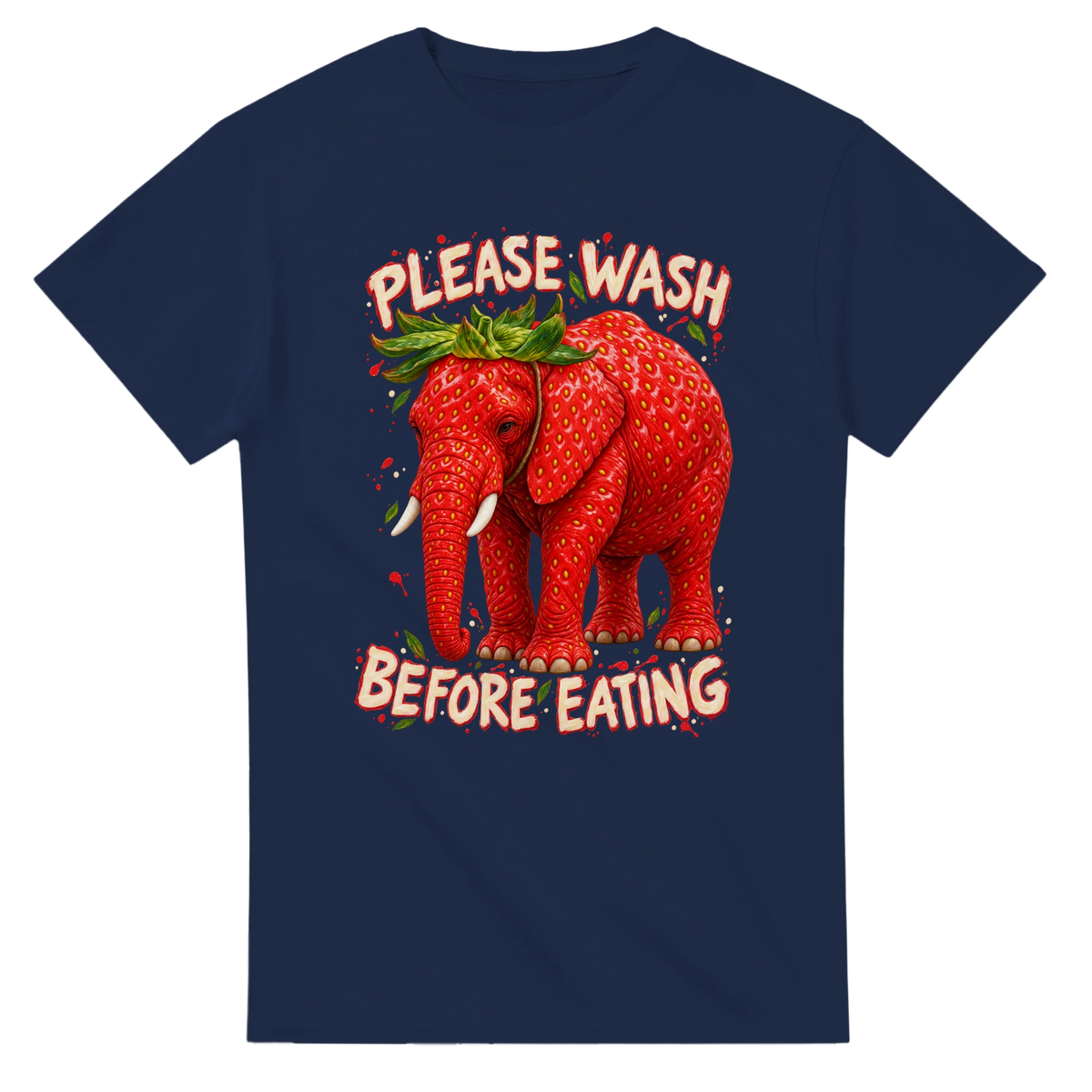 Navy t-shirt printed with Strawberry Elephant and the words Please wash before eating, front view