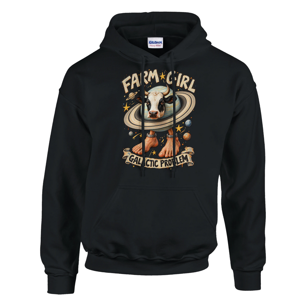 La Vaca Saturno Saturnita print on a black pullover hoodie, front view
