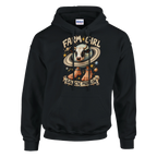 La Vaca Saturno Saturnita print on a black pullover hoodie, front view