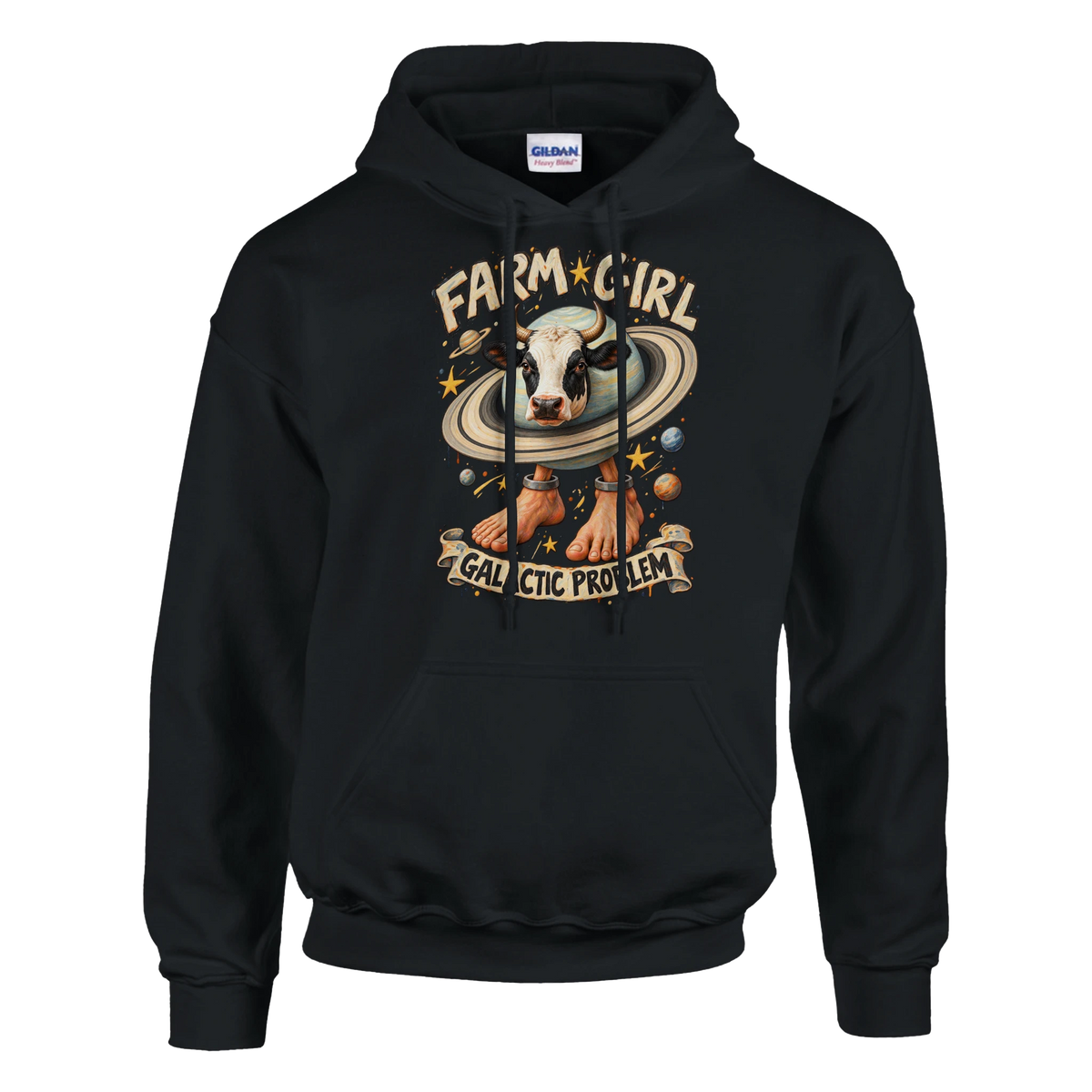 La Vaca Saturno Saturnita print on a black pullover hoodie, front view