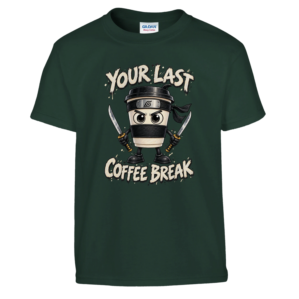 Cappuccino Assassino print on a forest green kids t-shirt, front view