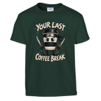 Cappuccino Assassino print on a forest green kids t-shirt, front view