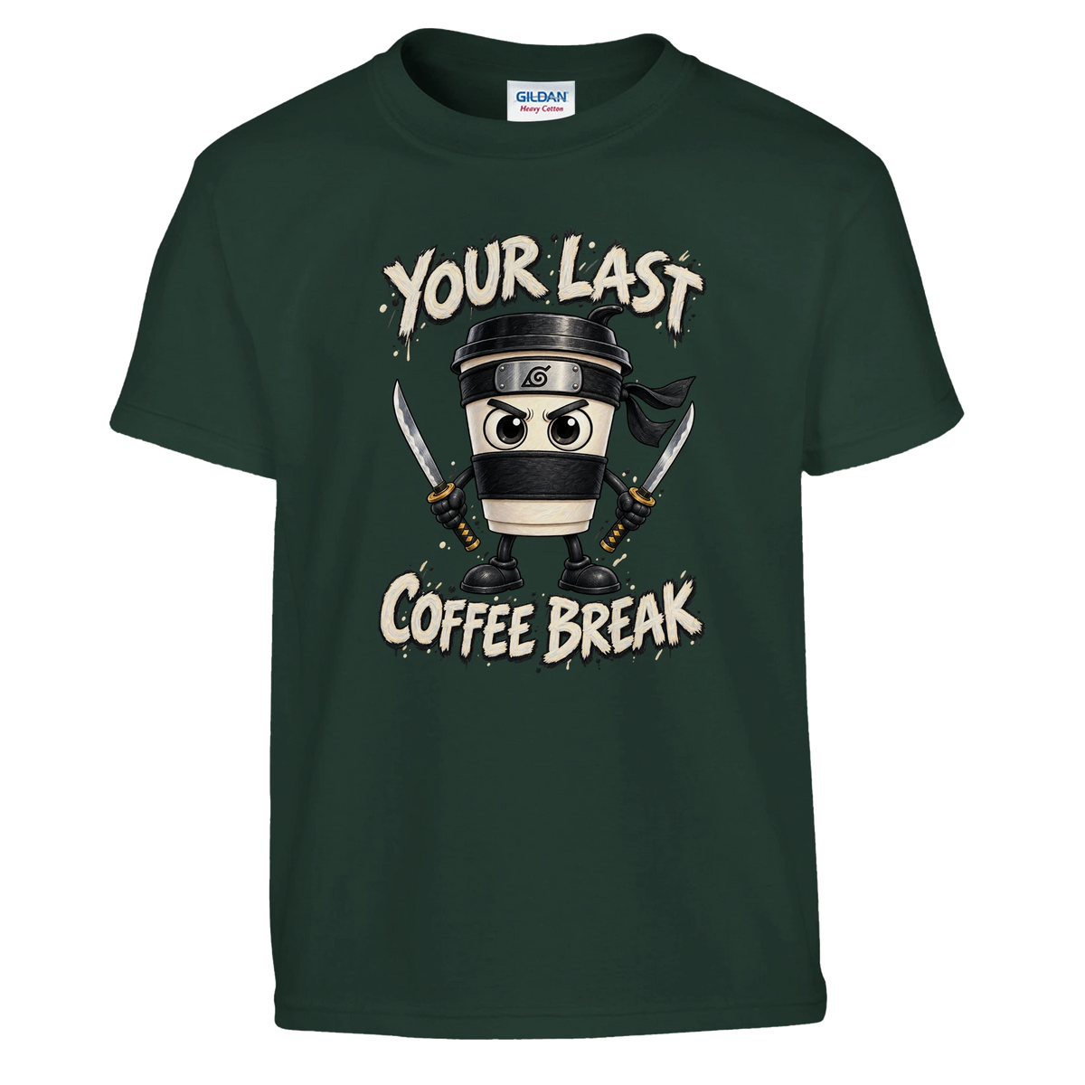 Cappuccino Assassino print on a forest green kids t-shirt, front view