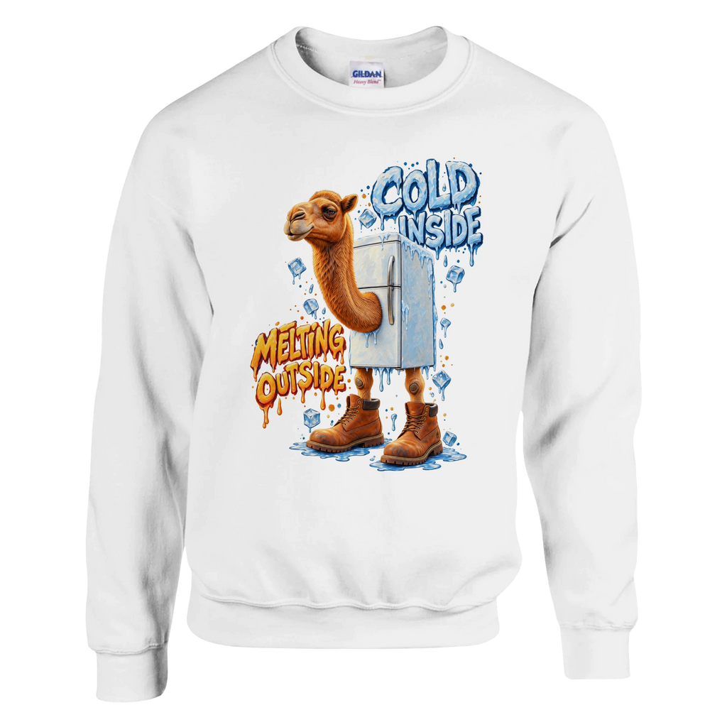 Frigo Camelo print on a white crewneck sweatshirt, front view
