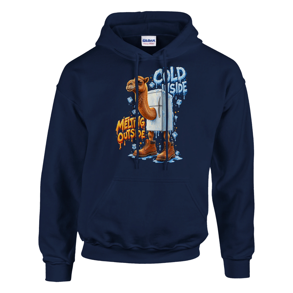 Frigo Camelo print on a navy pullover hoodie, front view