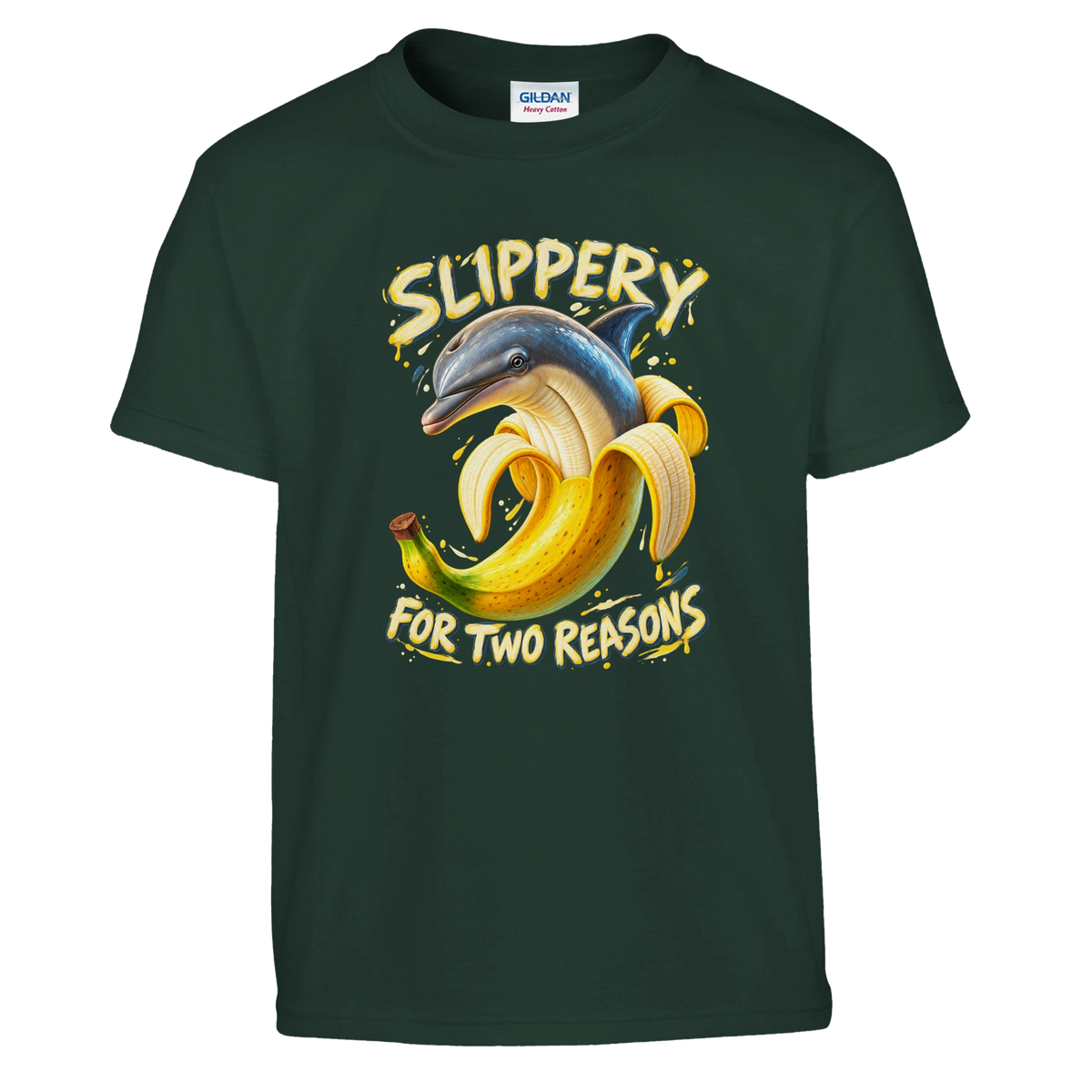 Bananita Dolphinita print on a forest green kids t-shirt, front view