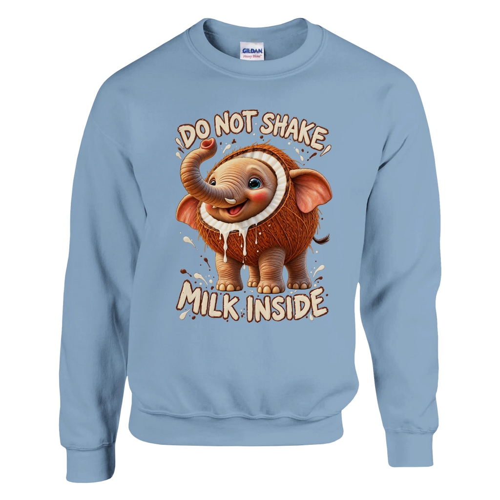 Cocofanto Elefanto print on a light blue crewneck sweatshirt, front view
