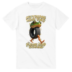 White t-shirt printed with Boneca Ambalabu and the words My treads have toes, please stop staring, front view