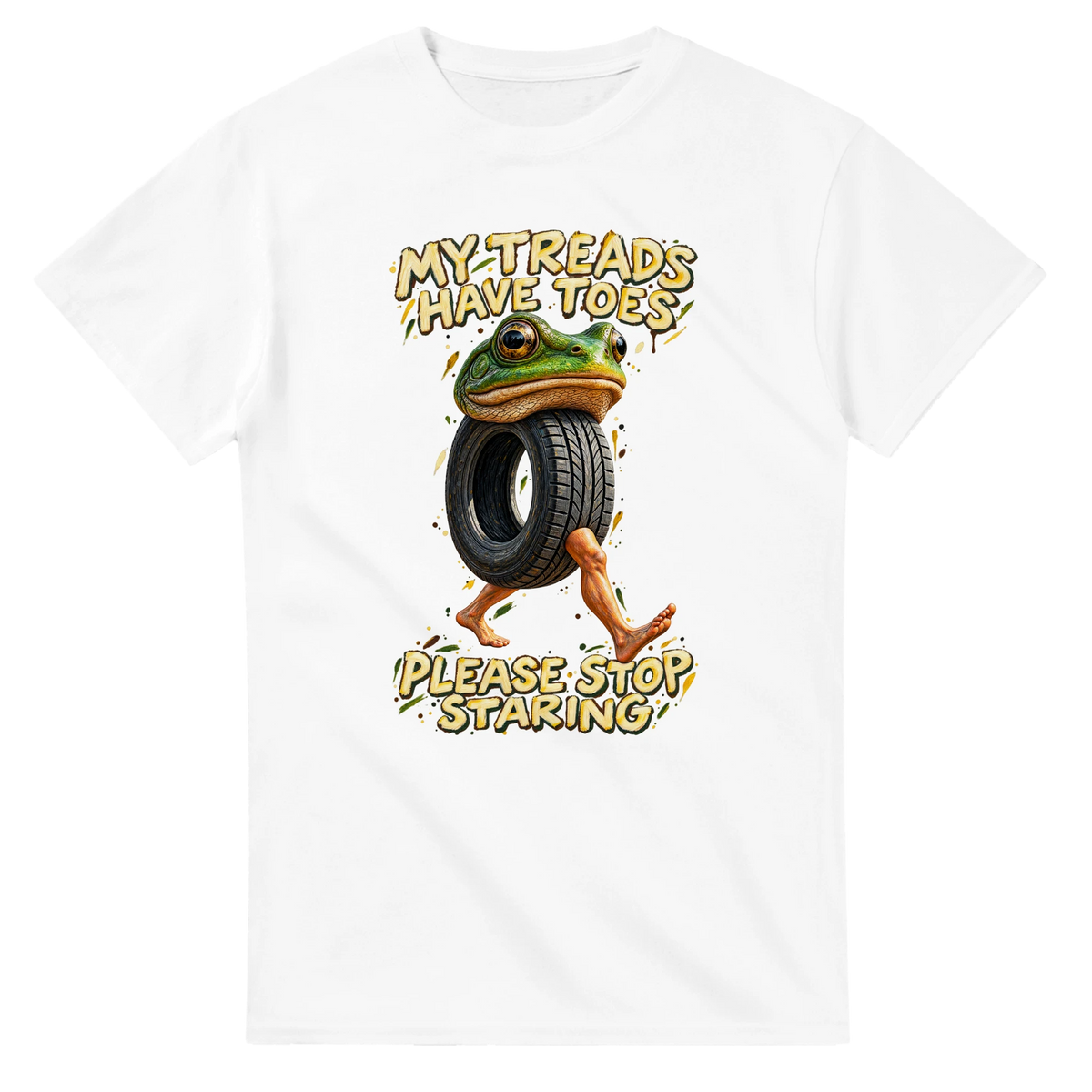 White t-shirt printed with Boneca Ambalabu and the words My treads have toes, please stop staring, front view