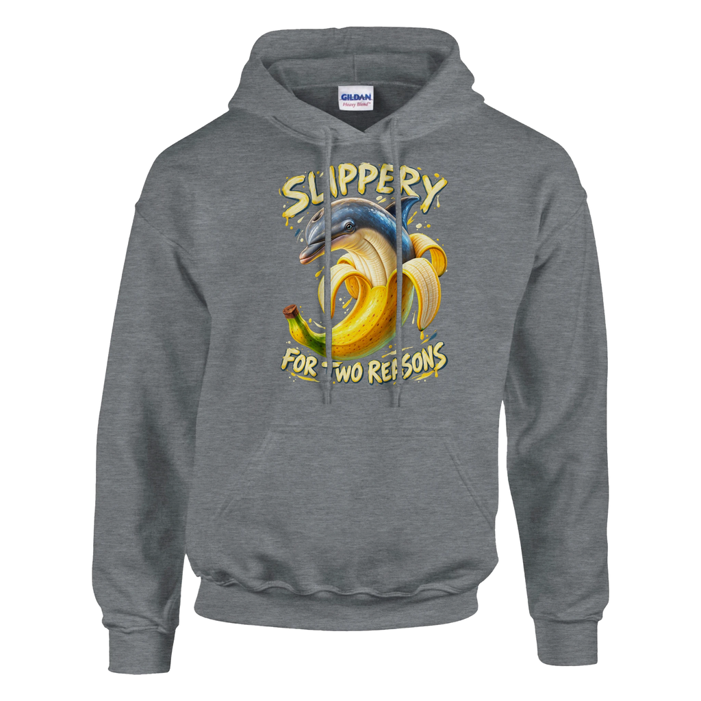 Bananita Dolphinita print on a sport grey pullover hoodie, front view