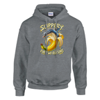 Bananita Dolphinita print on a sport grey pullover hoodie, front view