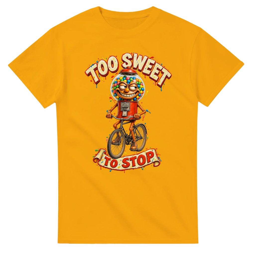 Gold t-shirt printed with Chicleteira Bicicleteira and the words Too sweet to stop, front view