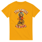 Gold t-shirt printed with Chicleteira Bicicleteira and the words Too sweet to stop, front view