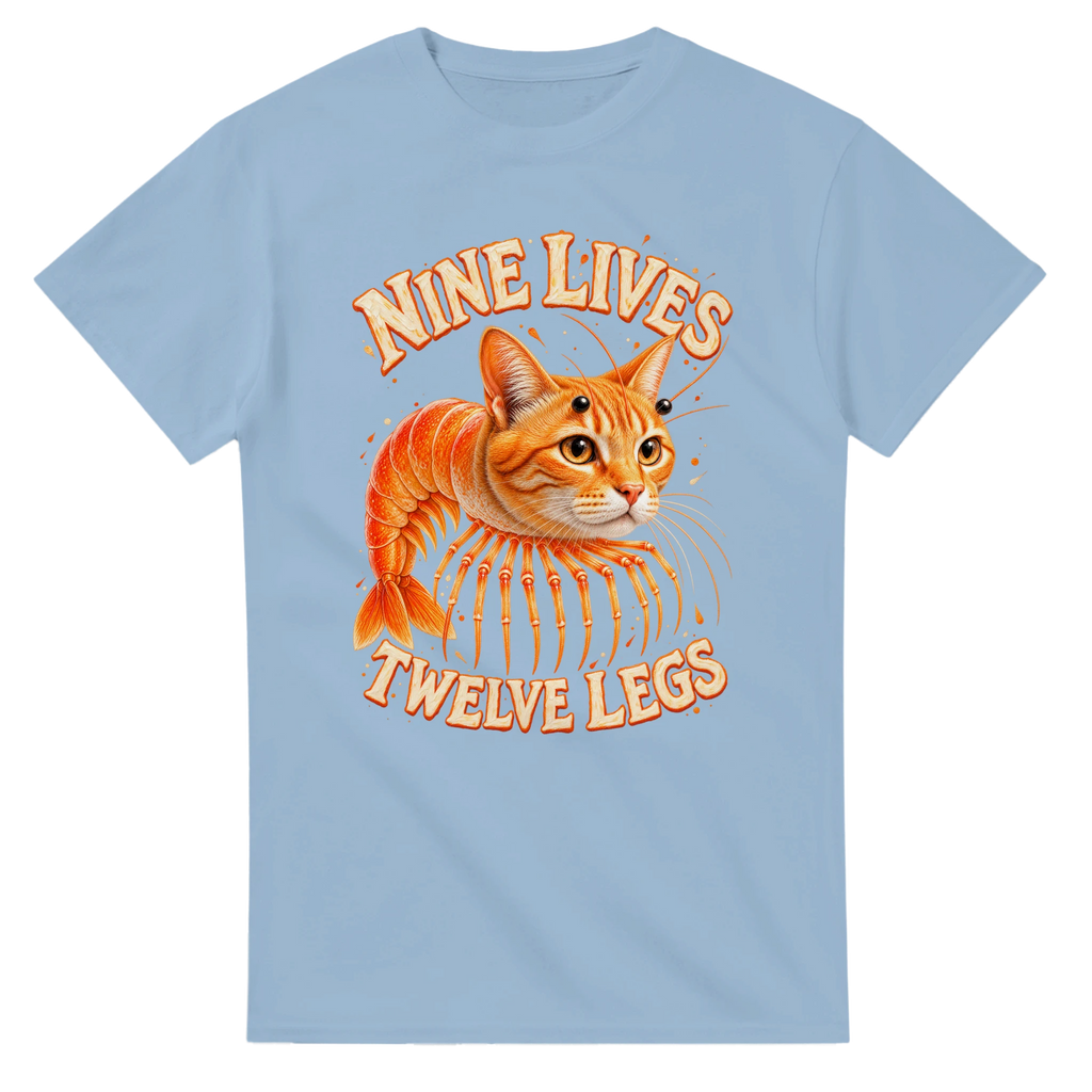 Light Blue t-shirt printed with Trippi Troppi and the words Nine lives, twelve legs, front view