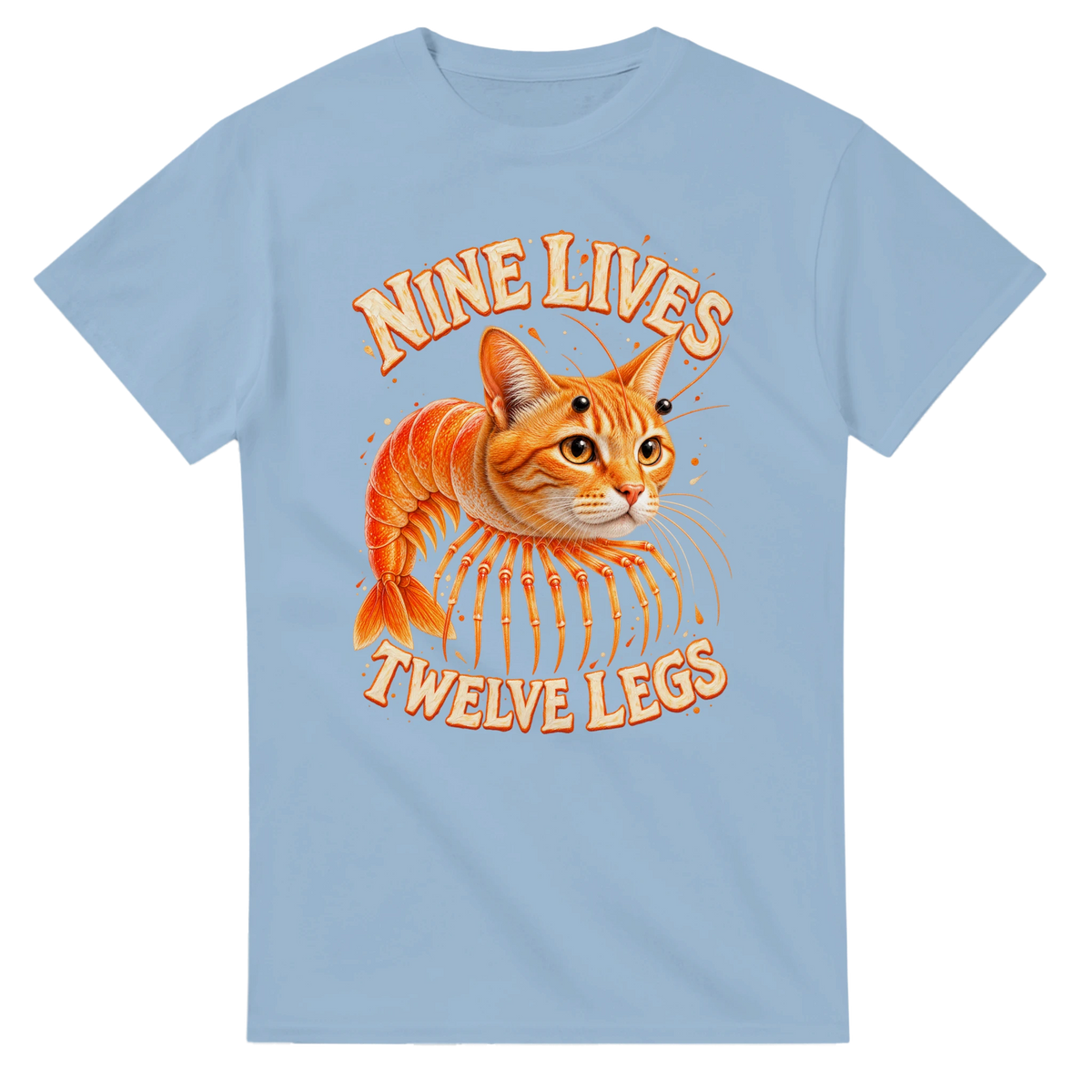 Light Blue t-shirt printed with Trippi Troppi and the words Nine lives, twelve legs, front view