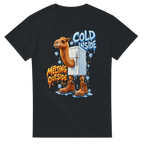 Black t-shirt printed with Frigo Camelo and the words Cold inside, melting outside, front view