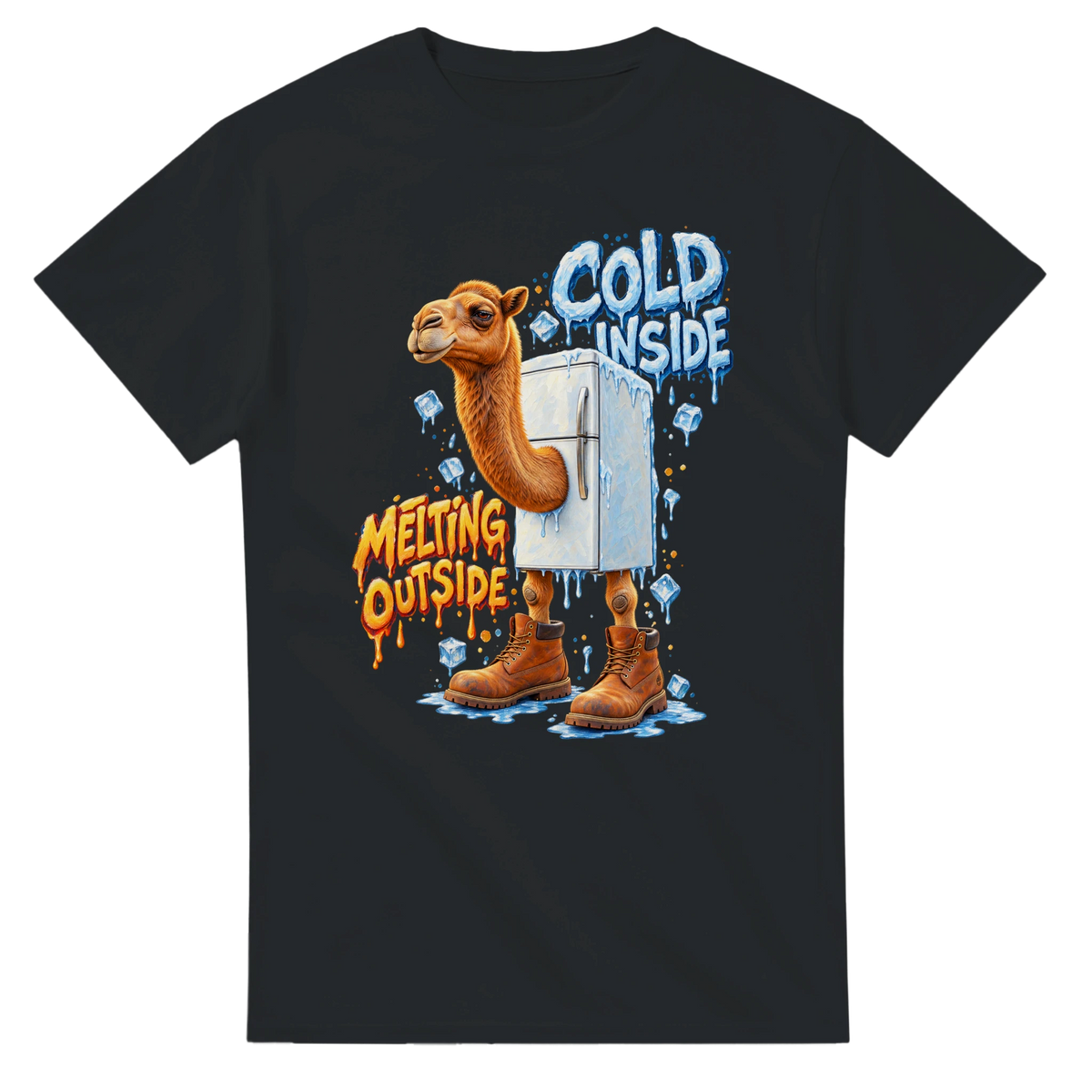 Black t-shirt printed with Frigo Camelo and the words Cold inside, melting outside, front view