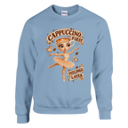 Ballerina Cappuccina print on a light blue crewneck sweatshirt, front view