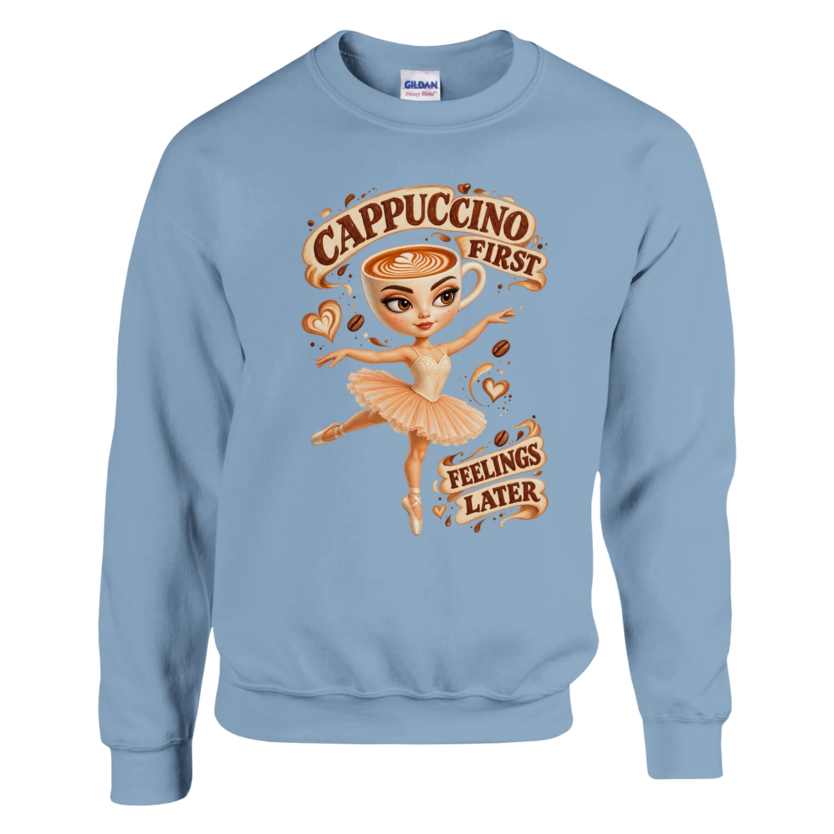 Ballerina Cappuccina print on a light blue crewneck sweatshirt, front view