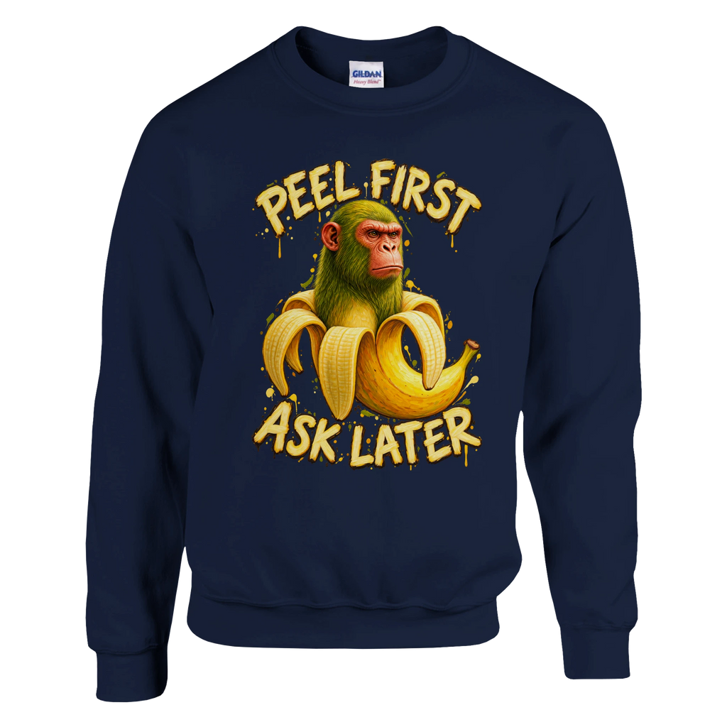 Chimpanzini Bananini print on a navy crewneck sweatshirt, front view