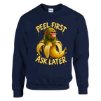 Chimpanzini Bananini print on a navy crewneck sweatshirt, front view
