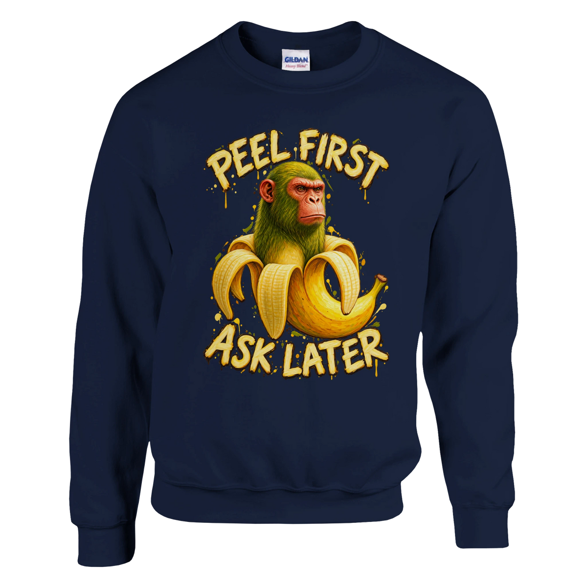Chimpanzini Bananini print on a navy crewneck sweatshirt, front view