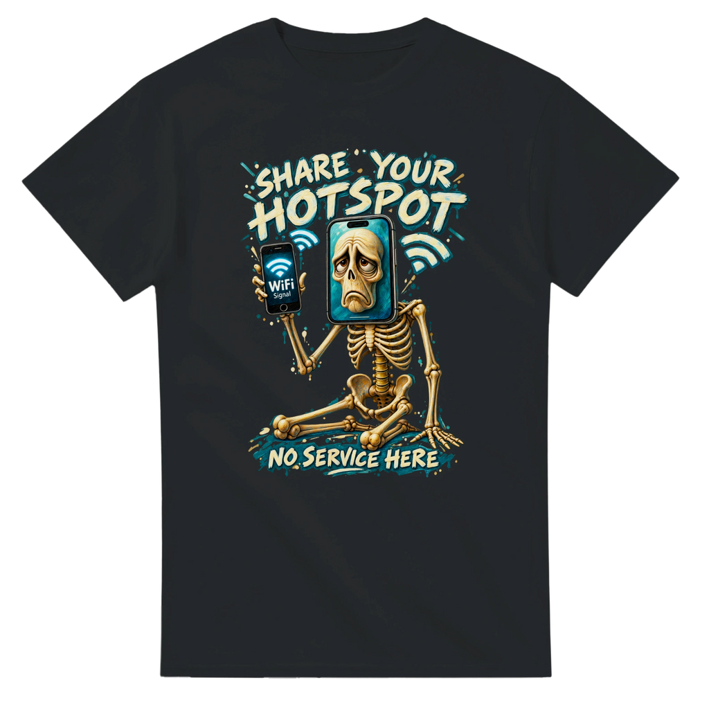 Black t-shirt printed with Pot Hotspot and the words Share your hotspot, no service here, front view