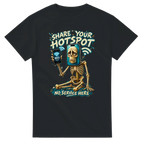 Black t-shirt printed with Pot Hotspot and the words Share your hotspot, no service here, front view