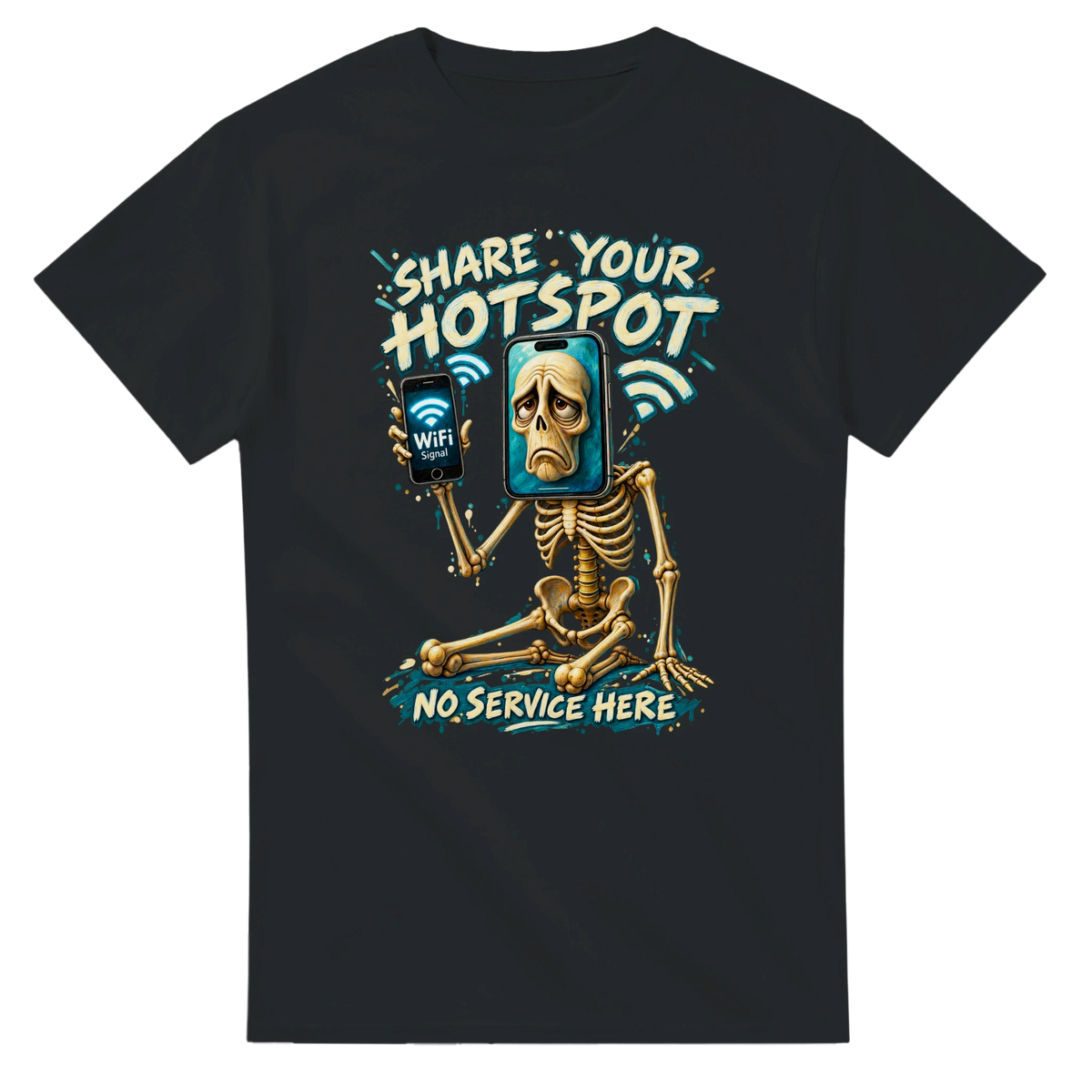 Black t-shirt printed with Pot Hotspot and the words Share your hotspot, no service here, front view
