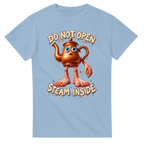 Light Blue t-shirt printed with Ta Ta Ta Sahur and the words Do not open, steam inside, front view