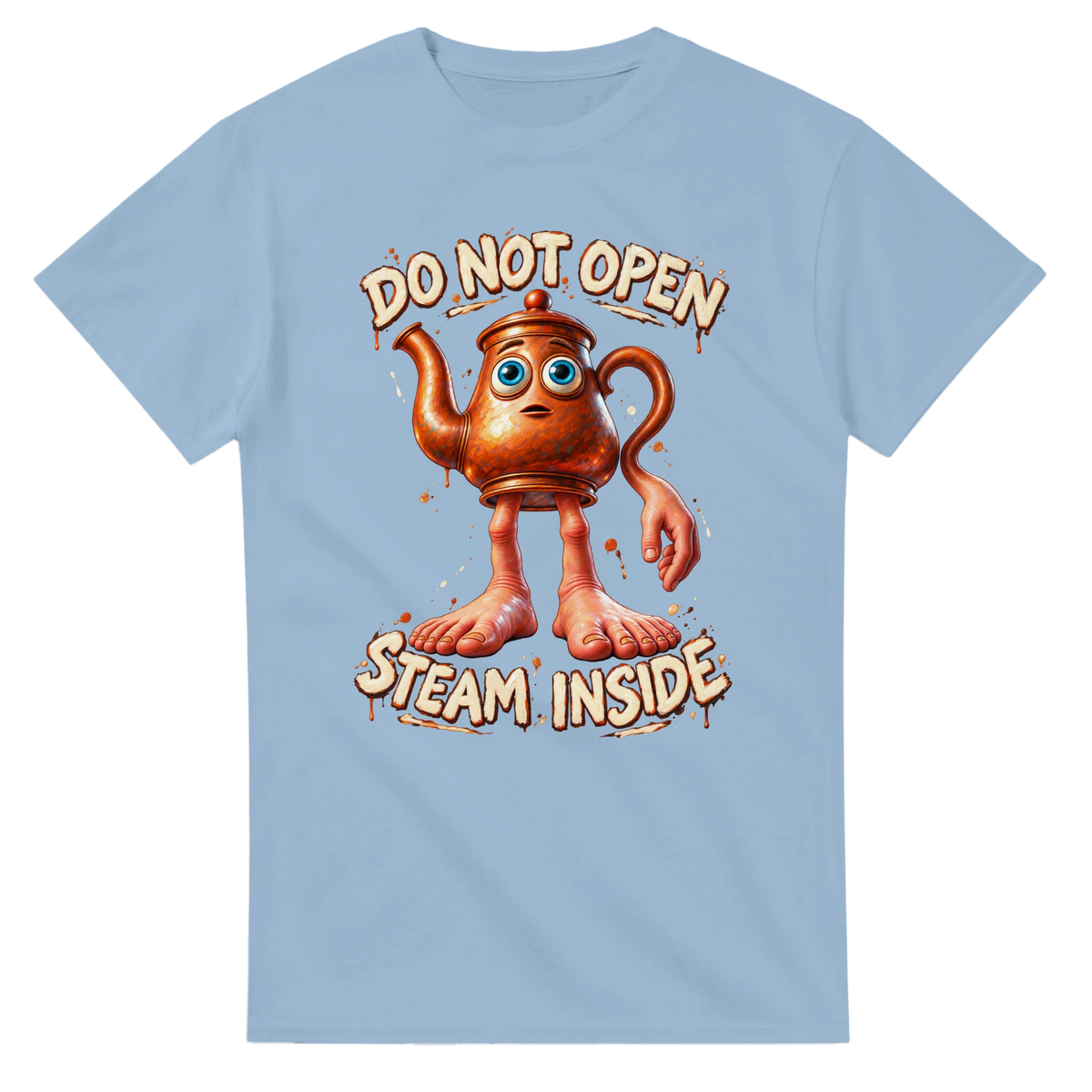 Light Blue t-shirt printed with Ta Ta Ta Sahur and the words Do not open, steam inside, front view