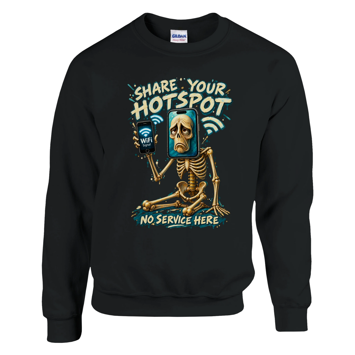 Pot Hotspot print on a black crewneck sweatshirt, front view