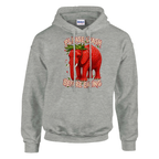 Strawberry Elephant print on an ash grey pullover hoodie, front view