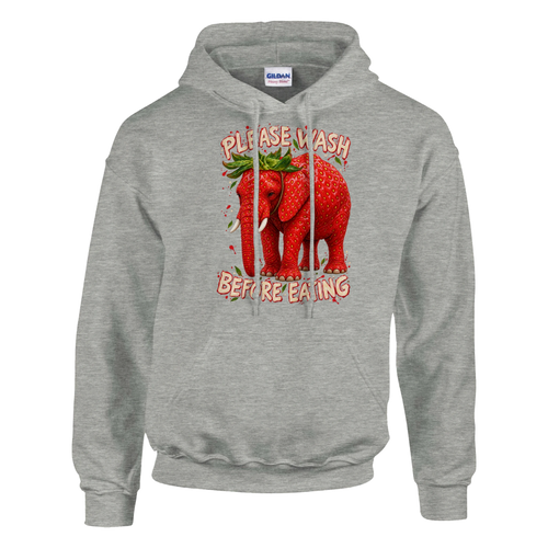Strawberry Elephant print on an ash grey pullover hoodie, front view