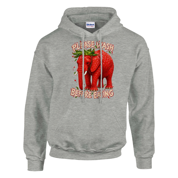 Strawberry Elephant print on an ash grey pullover hoodie, front view