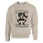 Cappuccino Assassino print on a sand crewneck sweatshirt, front view