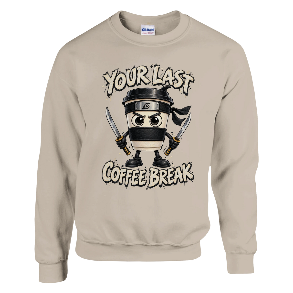 Cappuccino Assassino print on a sand crewneck sweatshirt, front view