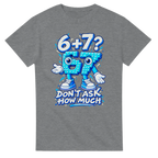 Sport Grey t-shirt printed with 67 and the words 6 + 7? Don't ask how much, front view