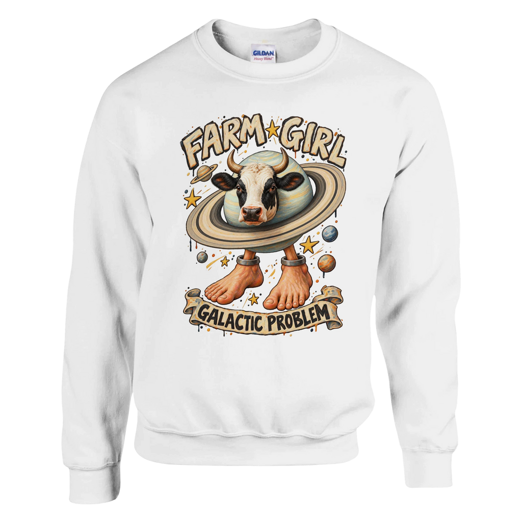 La Vaca Saturno Saturnita print on a white crewneck sweatshirt, front view