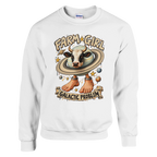 La Vaca Saturno Saturnita print on a white crewneck sweatshirt, front view