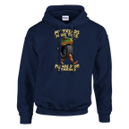 Boneca Ambalabu print on a navy pullover hoodie, front view