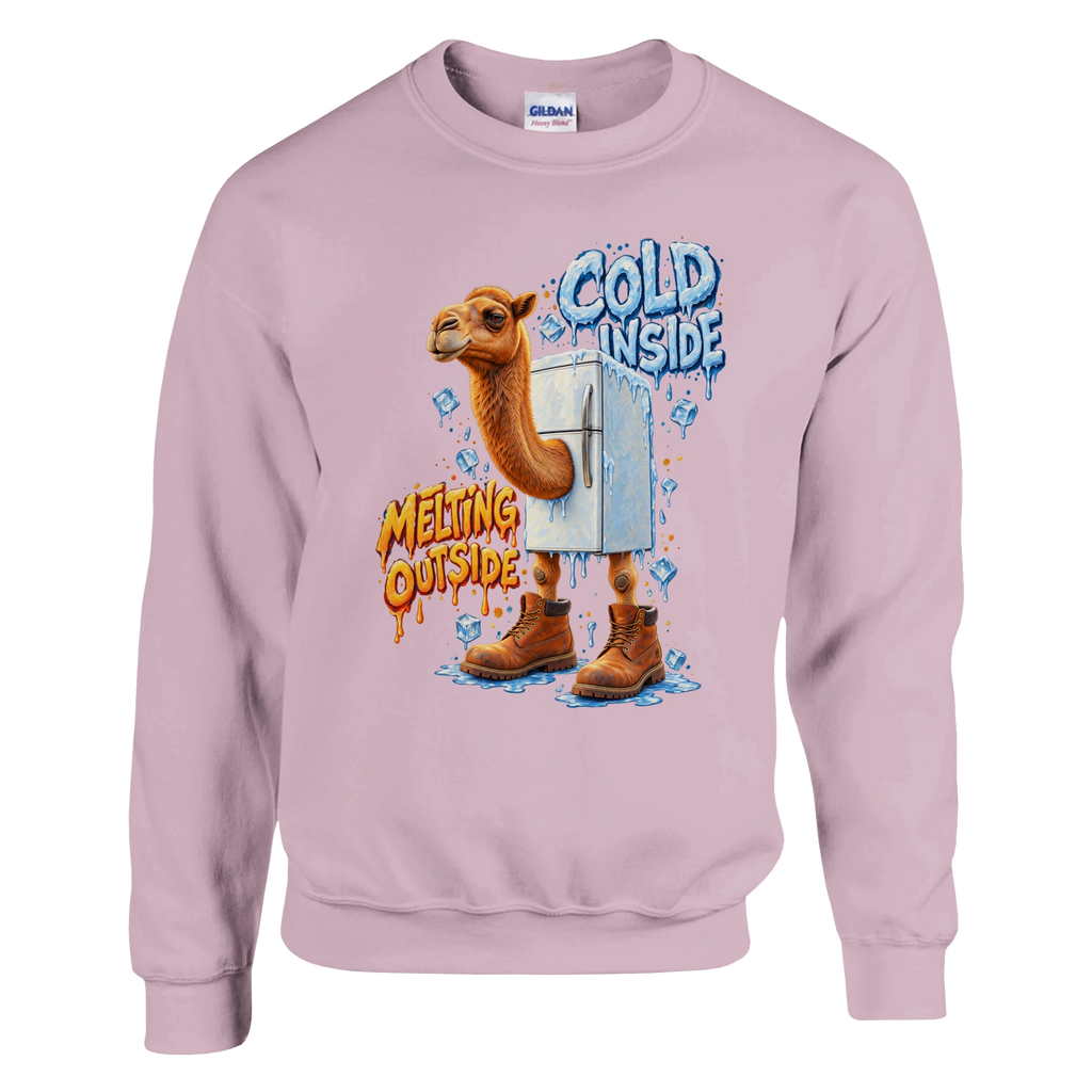 Frigo Camelo print on a light pink crewneck sweatshirt, front view