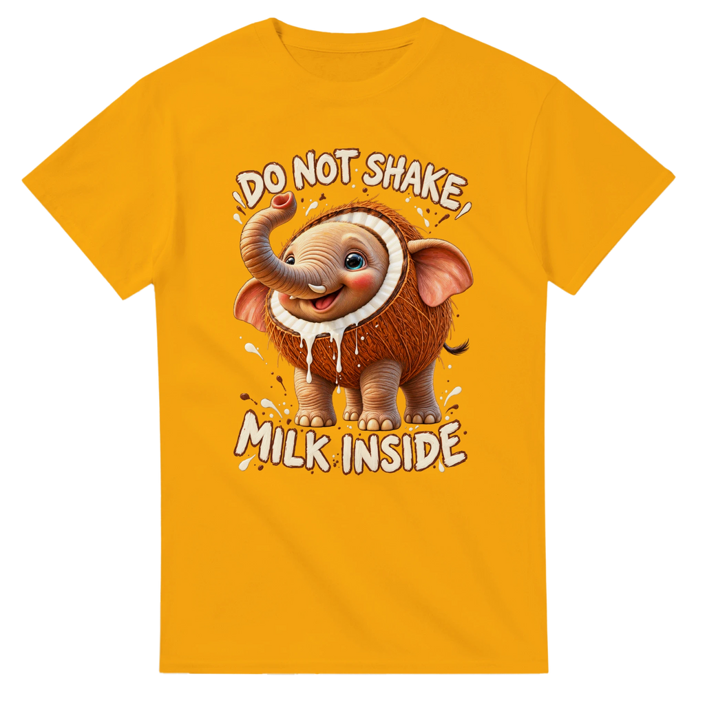 Gold t-shirt printed with Cocofanto Elefanto and the words Do not shake, milk inside, front view