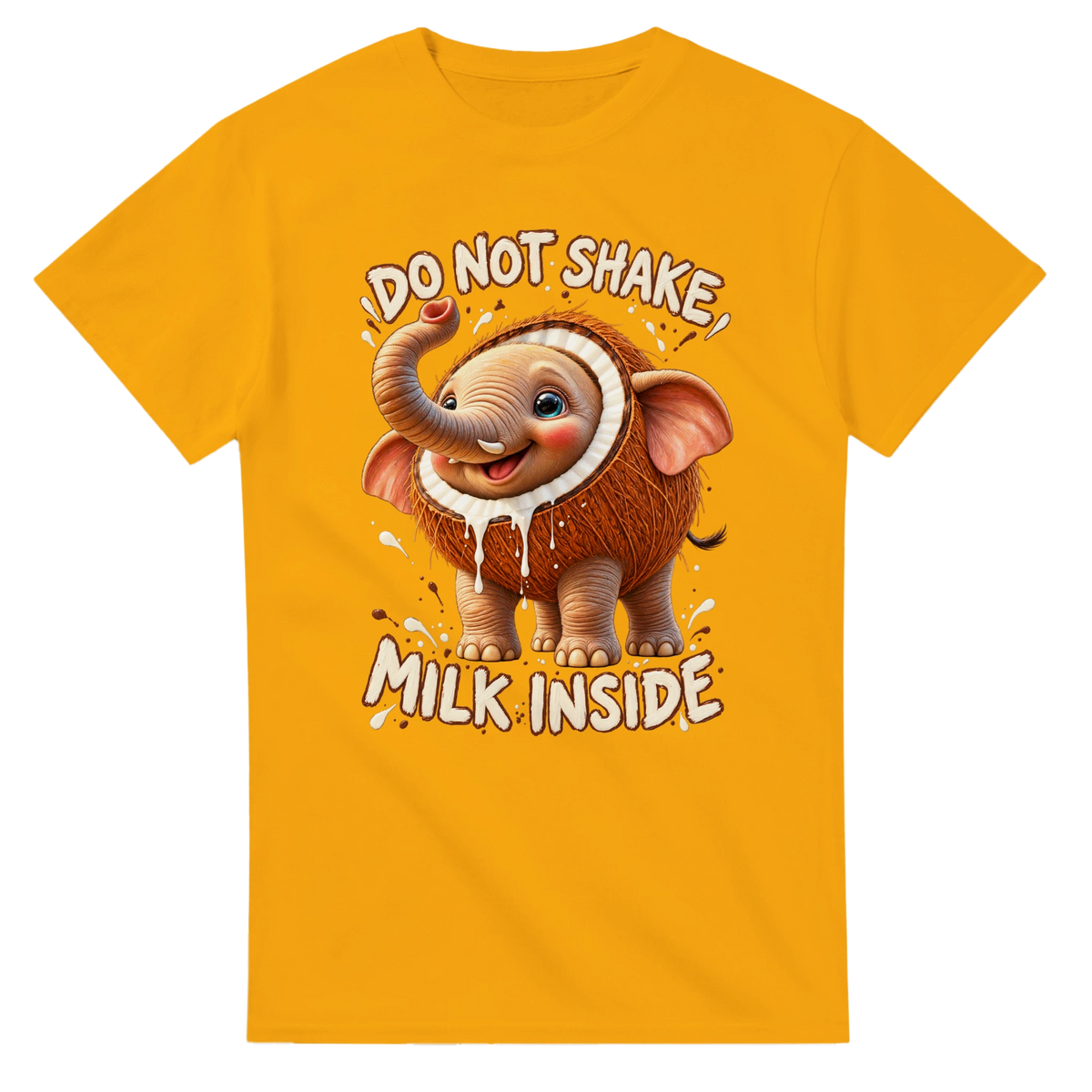 Gold t-shirt printed with Cocofanto Elefanto and the words Do not shake, milk inside, front view