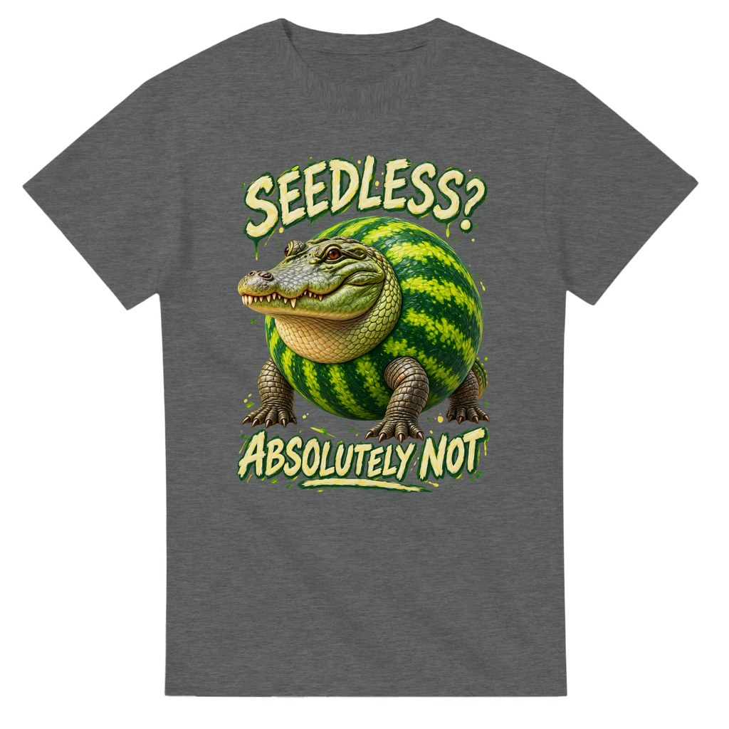 Graphite Heather t-shirt printed with Glorbo Fruttodrillo and the words Seedless? Absolutely not, front view