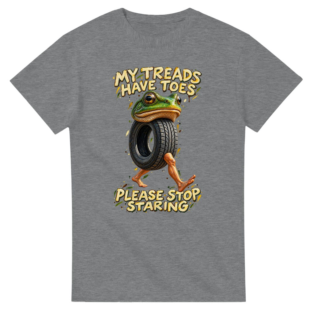 Sport Grey t-shirt printed with Boneca Ambalabu and the words My treads have toes, please stop staring, front view